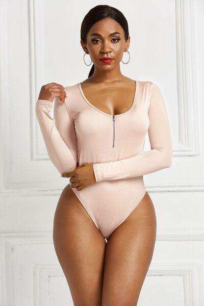 Half Zip Scoop Neck Long Sleeve Bodysuit - Trendsi - Flyclothing LLC