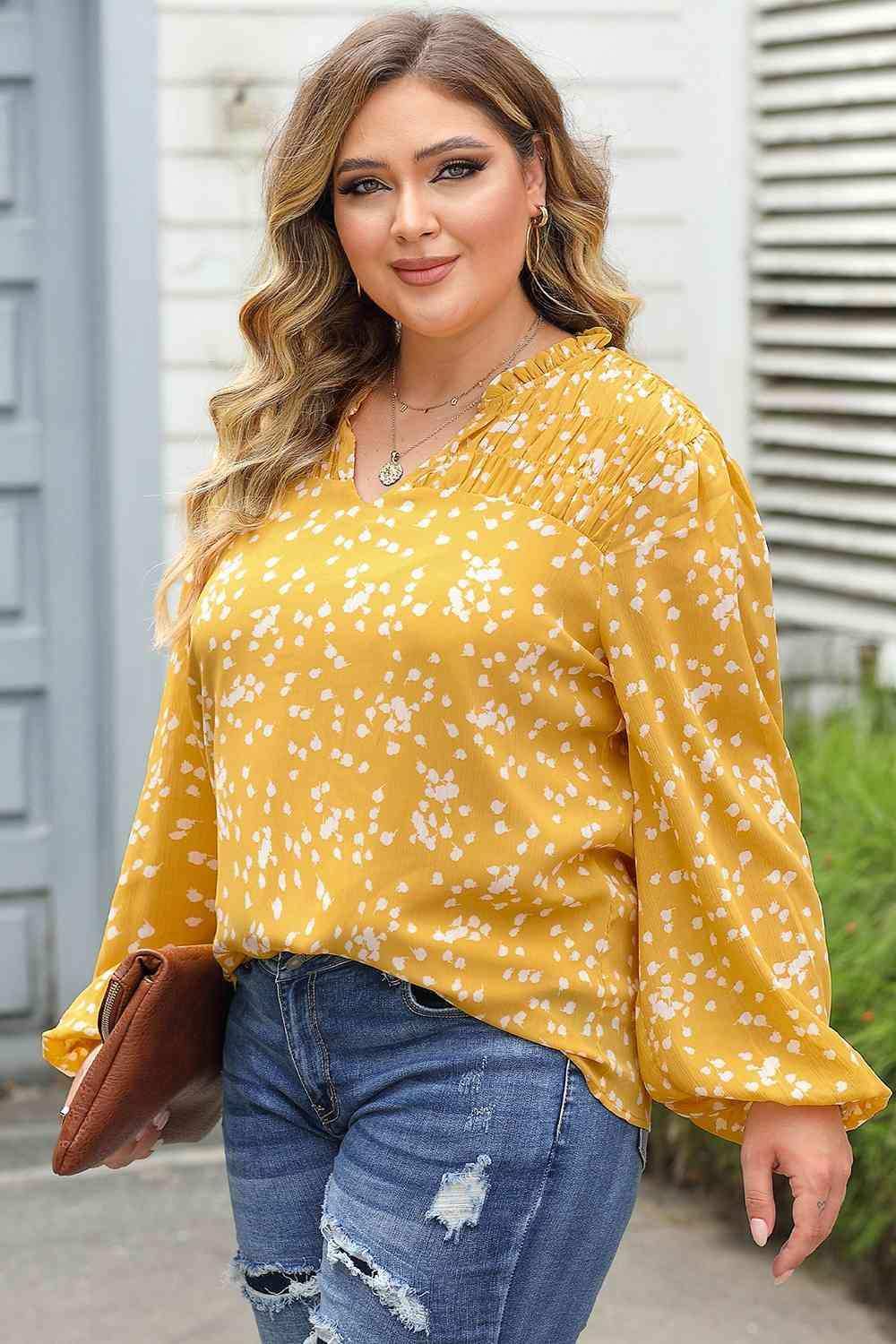 Plus Size Notched Neck Smocked Blouse - Trendsi - Flyclothing LLC