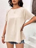 Round Neck Raglan Sleeve Fringe Detail Top - Trendsi - Flyclothing LLC