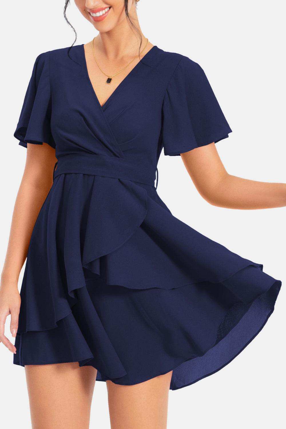 Surplice Neck Flutter Sleeve Dress - Trendsi - Flyclothing LLC