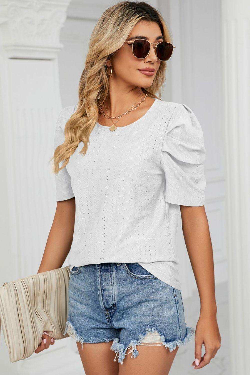 Eyelet Puff Sleeve Round Neck Blouse - Trendsi - Flyclothing LLC