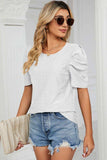 Eyelet Puff Sleeve Round Neck Blouse - Trendsi - Flyclothing LLC