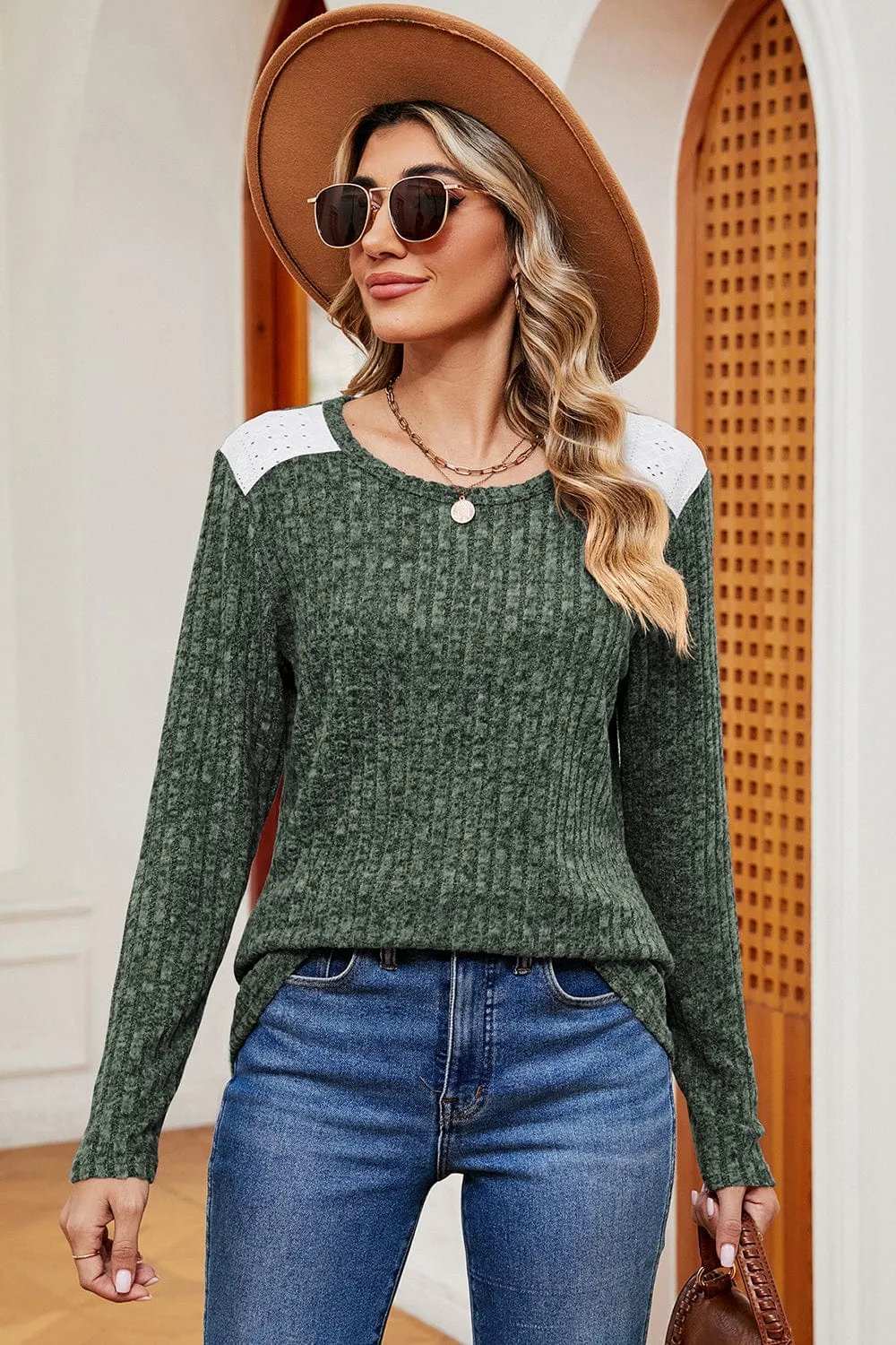 Eyelet Ribbed Round Neck Long Sleeve T-Shirt - Trendsi - Flyclothing LLC