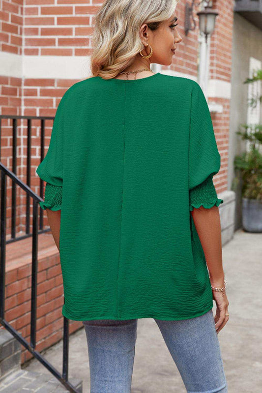 Round Neck Smocked Lantern Sleeve Blouse - Trendsi - Flyclothing LLC