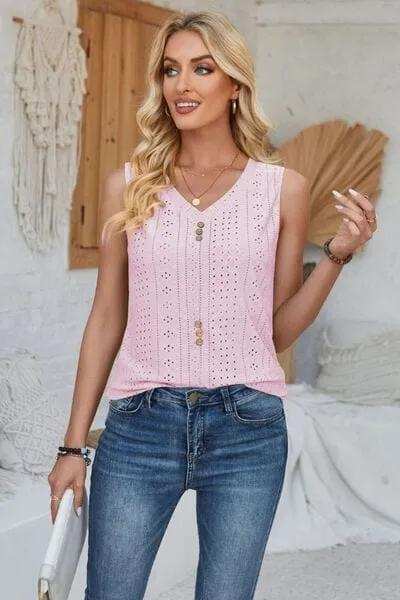 Eyelet Decorative Button V-Neck Tank - Trendsi - Flyclothing LLC