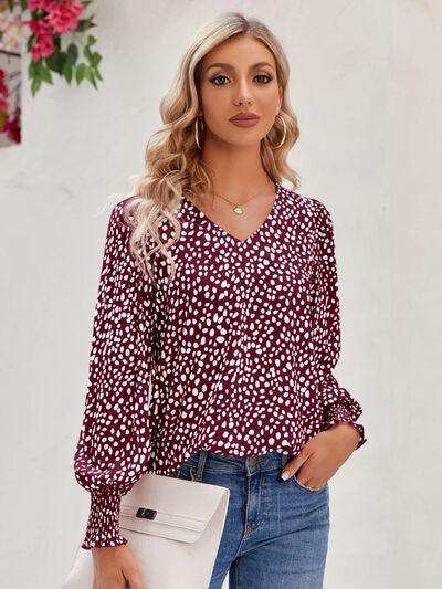 Printed V-Neck Lantern Sleeve Blouse - Trendsi - Flyclothing LLC