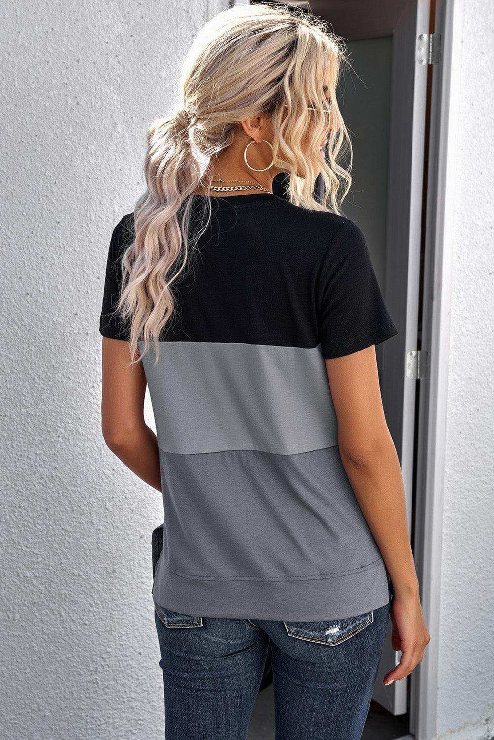 Color Block Side Slit Round Neck T-Shirt - Trendsi - Flyclothing LLC