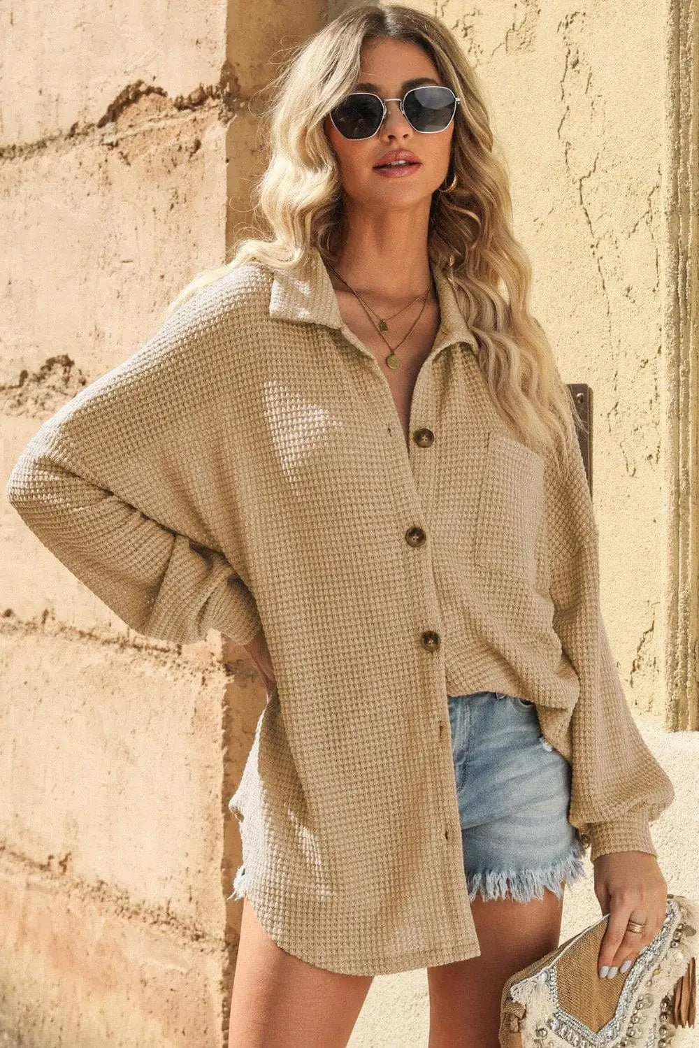 Waffle-knit Collared Neck Dropped Shoulder Shirt - Trendsi - Flyclothing LLC