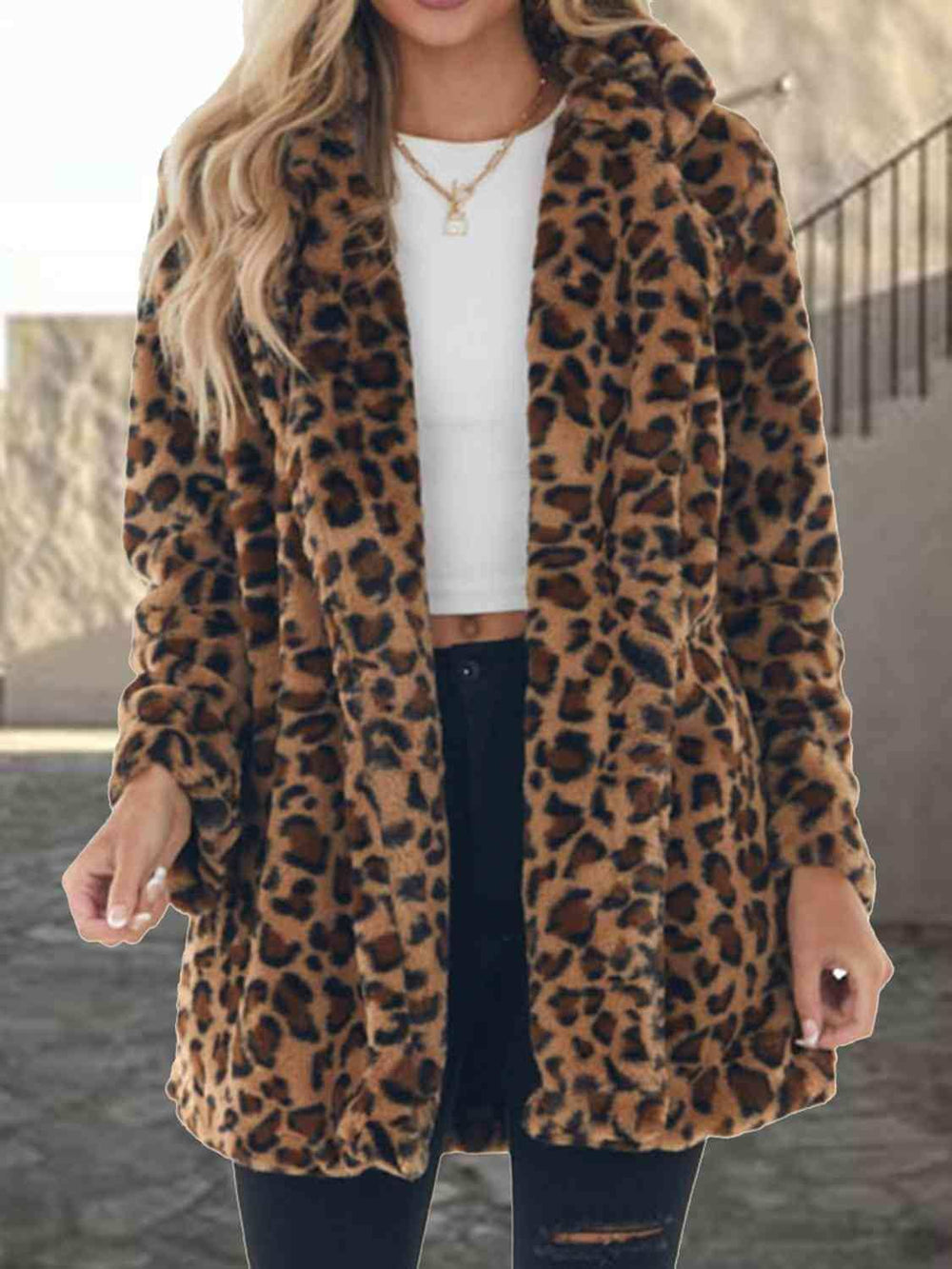 Leopard Collared Neck Coat with Pockets - Trendsi - Flyclothing LLC