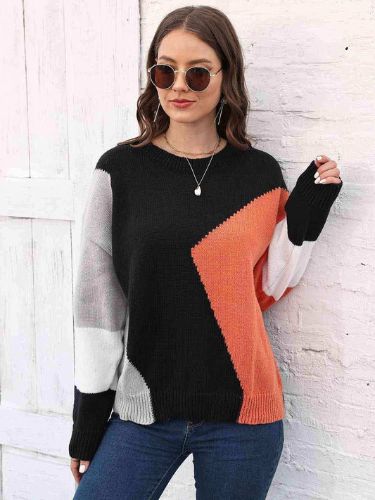 Color Block Round Neck Sweater - Trendsi - Flyclothing LLC