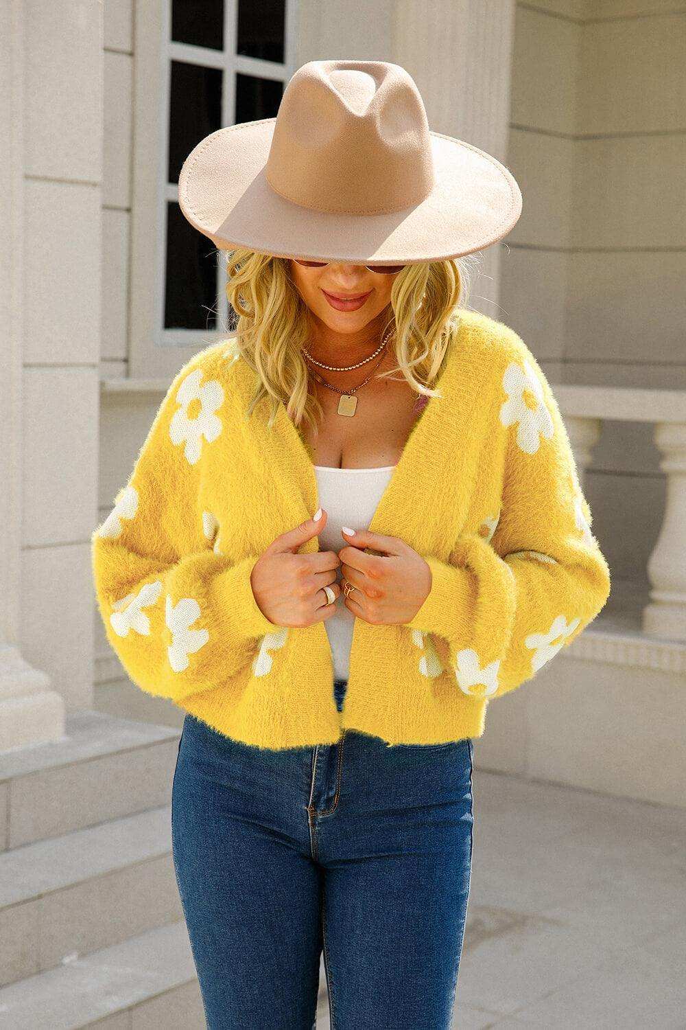 Floral Open Front Fuzzy Cardigan - Trendsi - Flyclothing LLC