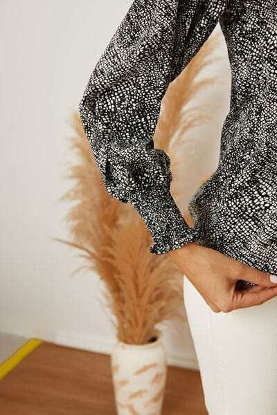 Printed Tie Neck Lantern Sleeve Blouse - Trendsi - Flyclothing LLC