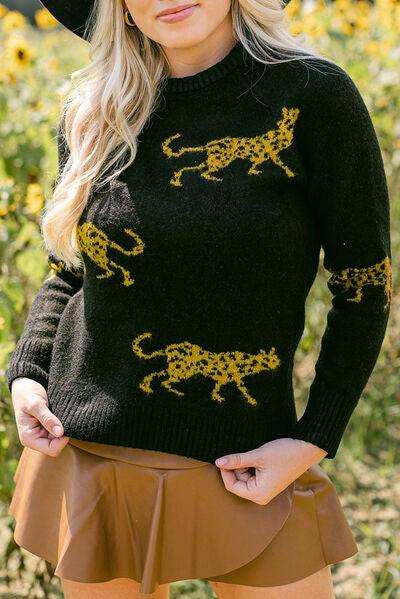 Animal Print Round Neck Sweater - Trendsi - Flyclothing LLC