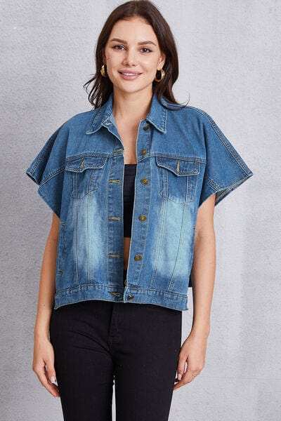 Pocketed Button Up Short Sleeve Denim Top - Trendsi - Flyclothing LLC