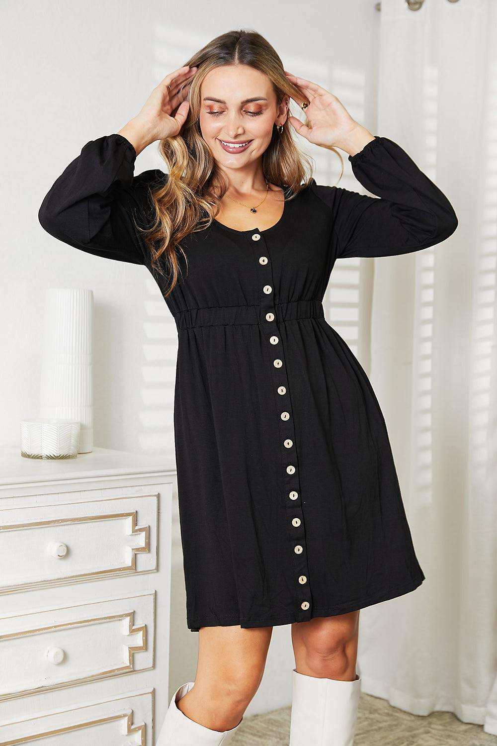 Double Take Scoop Neck Empire Waist Long Sleeve Dress - Trendsi - Flyclothing LLC