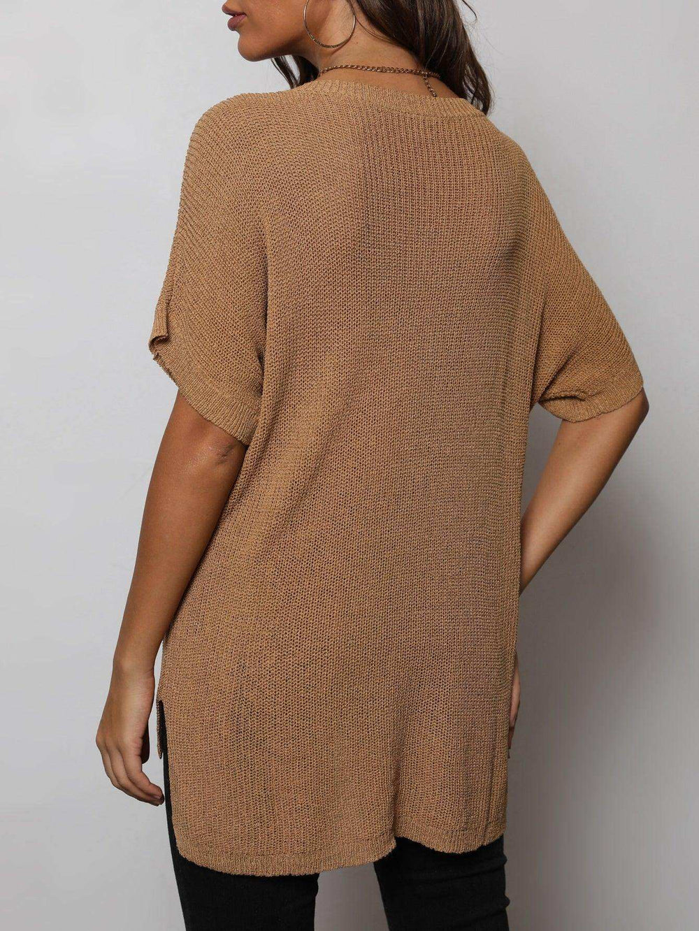 V-Neck Slit High-Low Knit Top - Trendsi - Flyclothing LLC