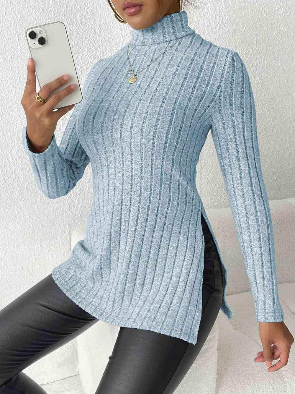 Ribbed Turtleneck Long Sleeve Slit T-Shirt - Trendsi - Flyclothing LLC