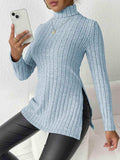 Ribbed Turtleneck Long Sleeve Slit T-Shirt - Trendsi - Flyclothing LLC