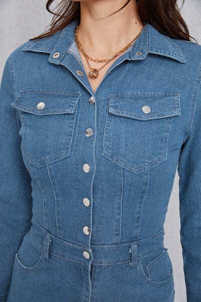 Snap Down Denim Jumpsuit with Pockets - Trendsi - Flyclothing LLC