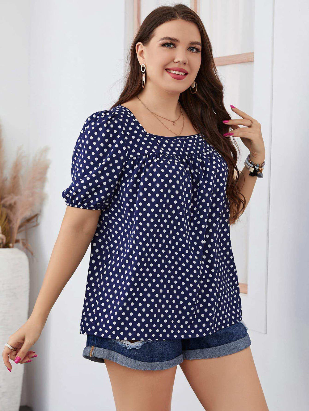 Plus Size Polka Dot Square Neck Blouse - Trendsi - Flyclothing LLC