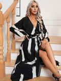Printed Tie Front Ruffle Trim Long Sleeve Dress - Trendsi - Flyclothing LLC