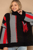 POL Turtleneck Color Block Fringe Detail Sweater - Trendsi - Flyclothing LLC