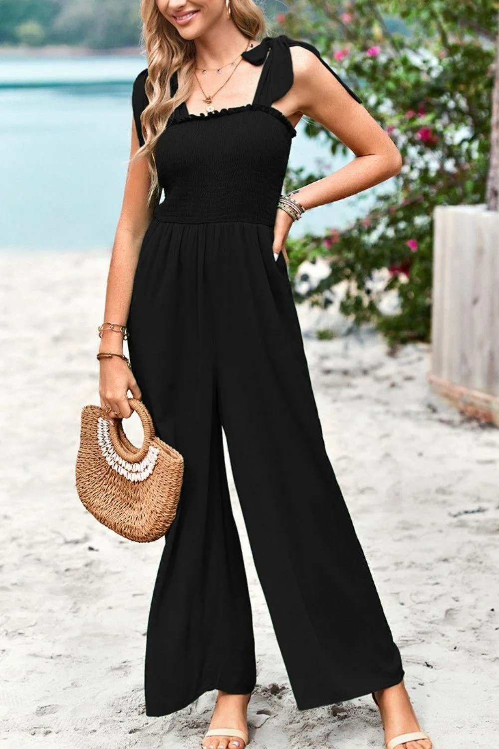 Frill Trim Tie Shoulder Wide Leg Jumpsuit with Pockets - Trendsi - Flyclothing LLC