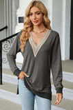 Slit V-Neck Long Sleeve T-Shirt - Trendsi - Flyclothing LLC