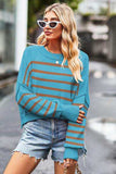 Striped Round Neck Drop Shoulder Slit Sweater - Trendsi - Flyclothing LLC