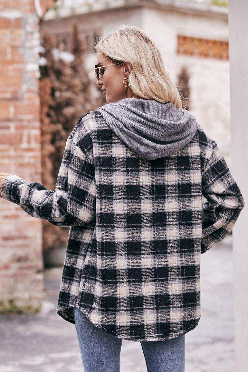 Plaid Dropped Shoulder Hooded Longline Jacket - Trendsi - Flyclothing LLC