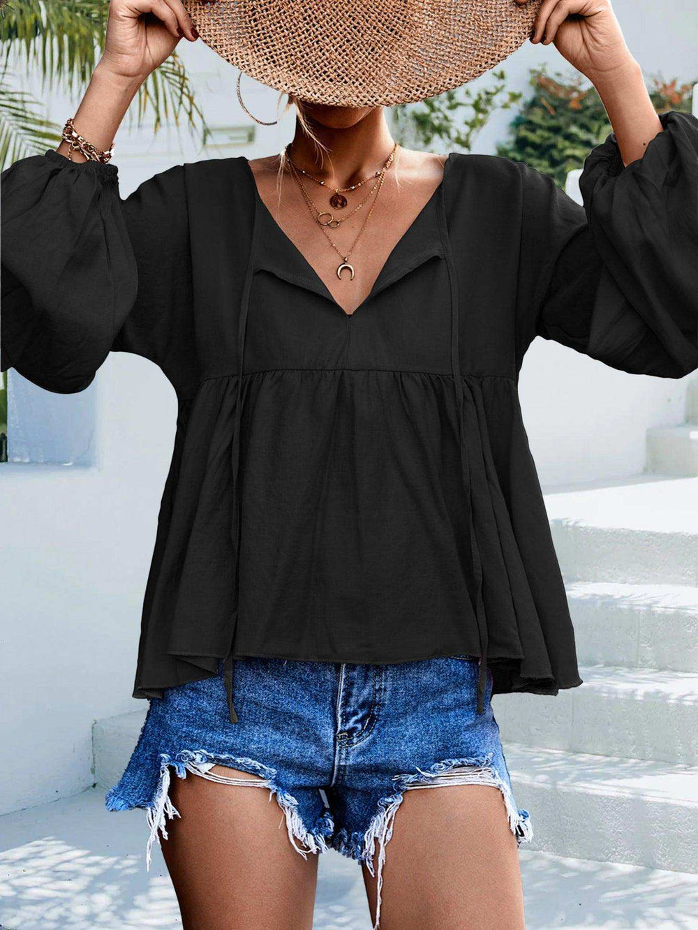 Puff Sleeve Babydoll Blouse - Trendsi - Flyclothing LLC