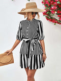 Striped Half Sleeve Tie Waist Mini Dress - Trendsi - Flyclothing LLC