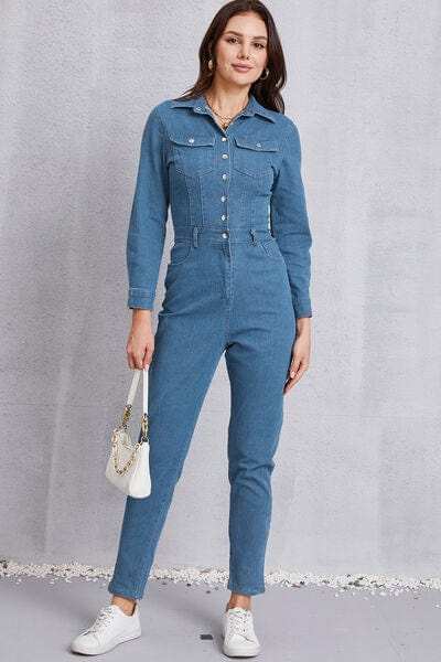 Snap Down Denim Jumpsuit with Pockets - Trendsi - Flyclothing LLC