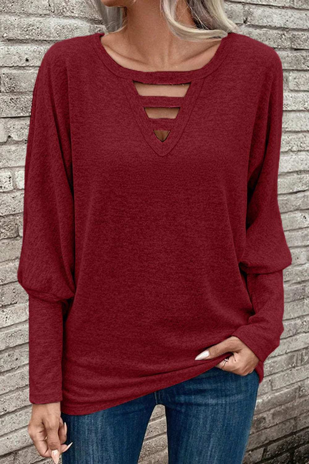 Cutout Round Neck Long Sleeve T-Shirt - Trendsi - Flyclothing LLC
