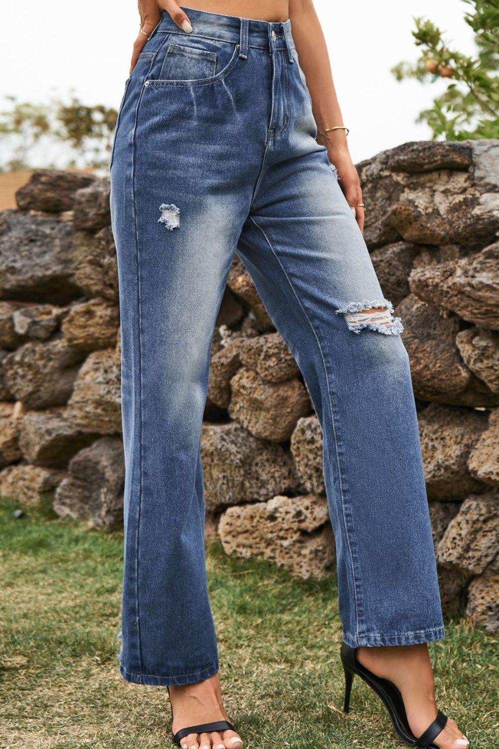 Distressed Buttoned Loose Fit Jeans - Trendsi - Flyclothing LLC