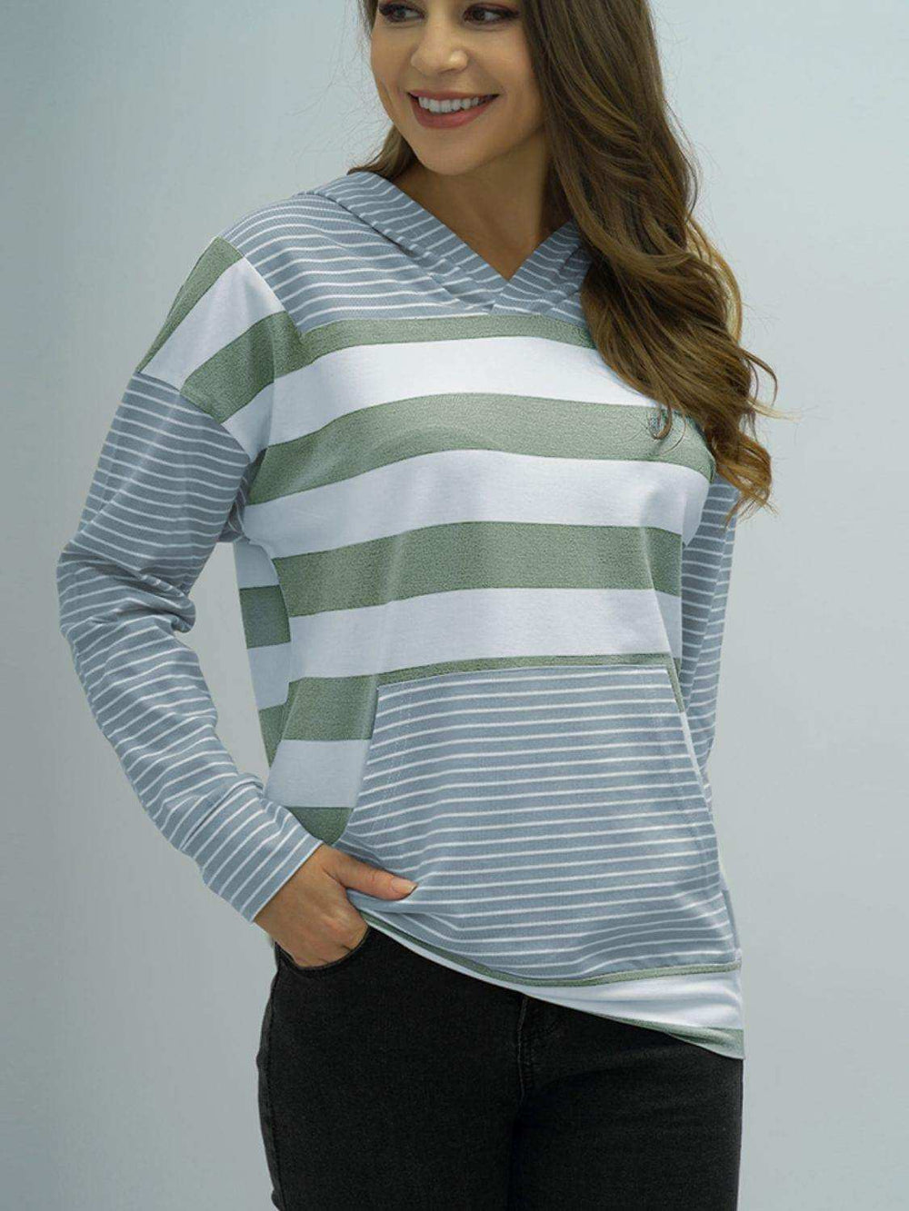 Full Size Striped Long Sleeve Hoodie - Trendsi - Flyclothing LLC