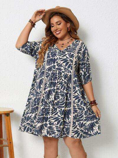 Plus Size Printed V-Neck Half Sleeve Mini Dress - Trendsi - Flyclothing LLC