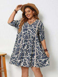 Plus Size Printed V-Neck Half Sleeve Mini Dress - Trendsi - Flyclothing LLC