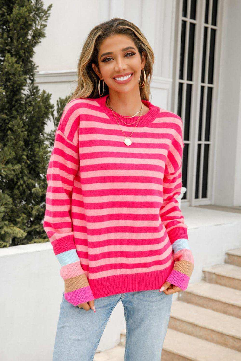 Warm Spice Striped Round Neck Sweater - Trendsi - Flyclothing LLC