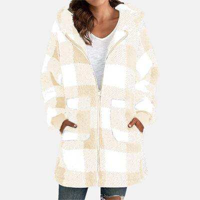 Double Take Full Size Plaid Long Sleeve Hooded Coat - Trendsi - Flyclothing LLC