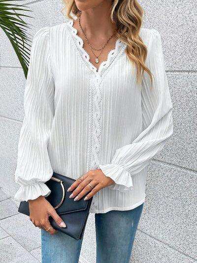 V-Neck Lace Detail Flounce Sleeve Blouse - Trendsi - Flyclothing LLC