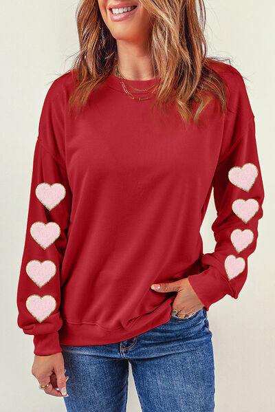 Heart Round Neck Dropped Shoulder Sweatshirt - Trendsi - Flyclothing LLC