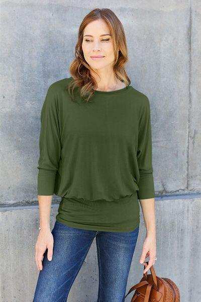 Basic Bae Full Size Round Neck Batwing Sleeve Blouse - Trendsi - Flyclothing LLC