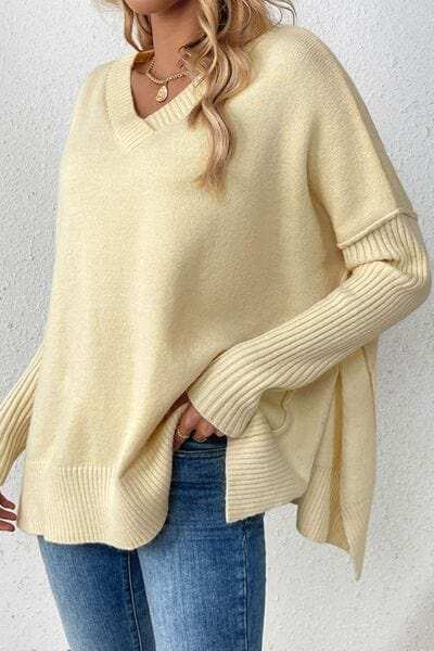 Slit V-Neck Dropped Shoulder Sweater - Trendsi - Flyclothing LLC