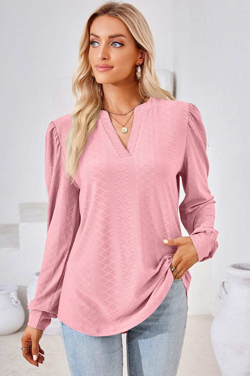 Ruched Notched Long Sleeve T-Shirt - Trendsi - Flyclothing LLC