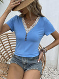 Lace Trim V-Neck Short Sleeve Blouse - Trendsi - Flyclothing LLC