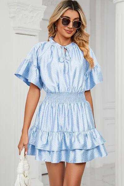 Smocked Tie Neck Flounce Sleeve Dress - Trendsi - Flyclothing LLC