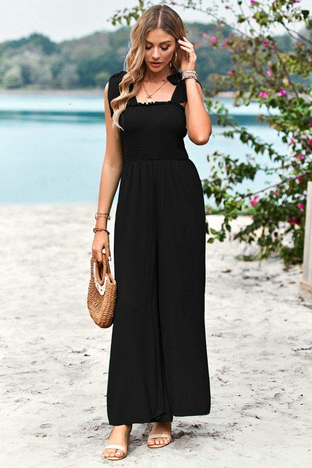 Frill Trim Tie Shoulder Wide Leg Jumpsuit with Pockets - Trendsi - Flyclothing LLC