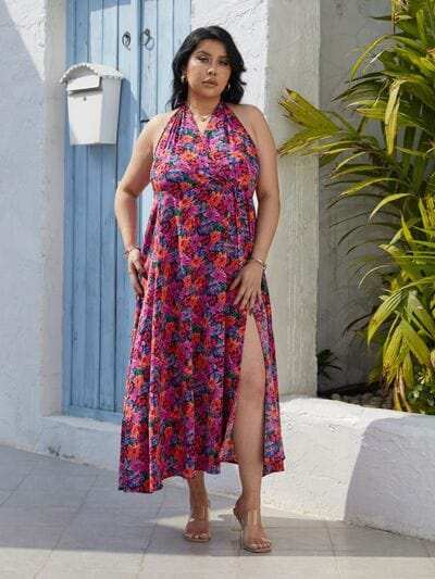 Plus Size Slit Floral Halter Neck Dress - Trendsi - Flyclothing LLC
