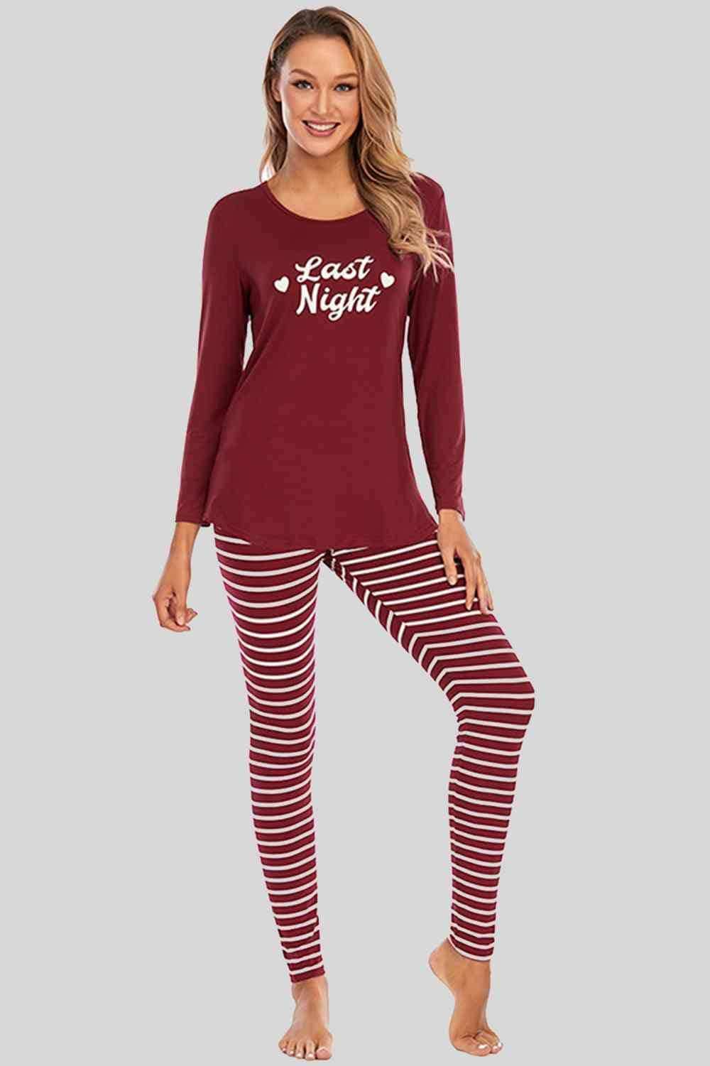 Graphic Round Neck Top and Striped Pants Set - Trendsi - Flyclothing LLC